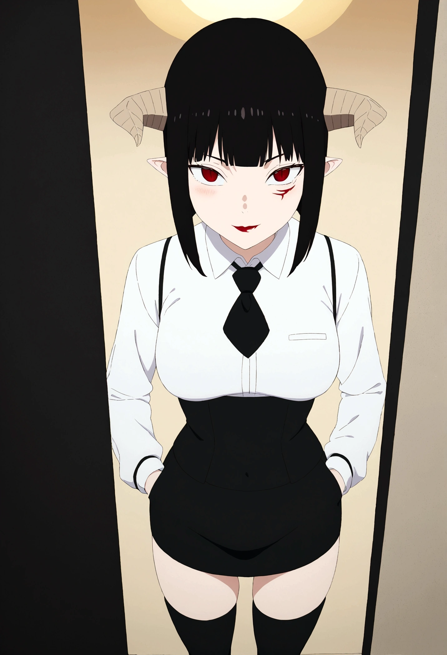 ,hands in pocket,work of art, tight white secretary shirt with black tie, black high waist skirt, short skirt,stocking, black hair, black tightscary sun,office,bangs on the eyes,lighting,horn of hair,view from above,evil smile,linda,staring overhead,blushed,face red,Eyes red,
