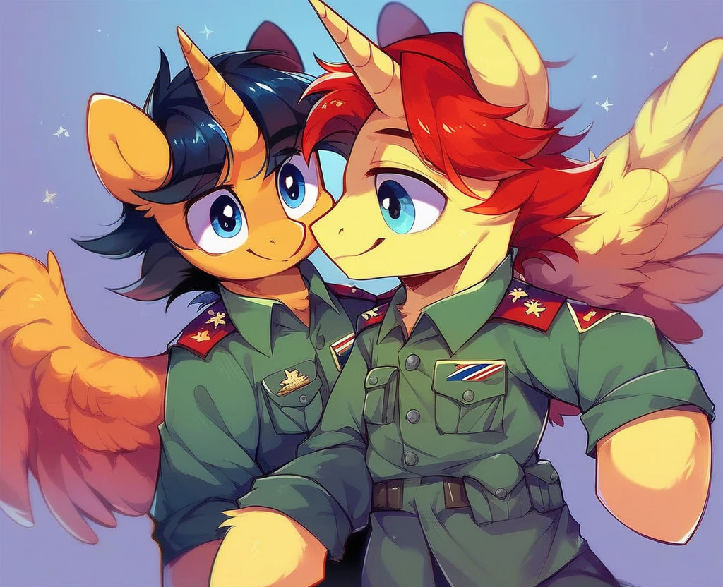 Two subjects; Male alicorn pony with black fur and red hair and blue eyes and red feathers on wings, male pegasus pony with yellow fur and black hair and blue eyes, legs around each other, posing for family photo, vietnam-era army uniforms, smiling, wide-angle shot