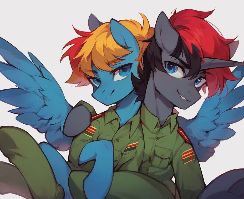 Two subjects; Male alicorn pony with black fur and red hair and blue eyes and red feathers on wings, male pegasus pony with yellow fur and black hair and blue eyes, legs around each other, posing for family photo, vietnam-era army uniforms, smiling, wide-angle shot