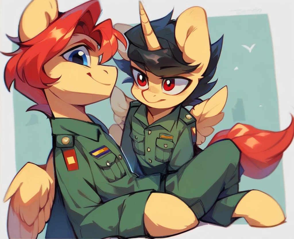 Two subjects; Male alicorn pony with black fur and red hair and blue eyes and red feathers on wings, male pegasus pony with yellow fur and black hair and blue eyes, legs around each other, posing for family photo, vietnam-era army uniforms, smiling, wide-angle shot