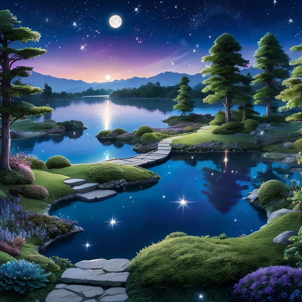 A surreal and fantastical night scene where a massive full moon dominates the sky, its bright light reflecting off a serene, crystalline lake. The landscape features whimsical elements such as floating islands and glowing plants. The moon's light casts long shadows and highlights the intricate details of the landscape. The sky is filled with twinkling stars and distant galaxies, adding a sense of otherworldly wonder. The colors are a blend of deep blues, purples, and shimmering silvers.