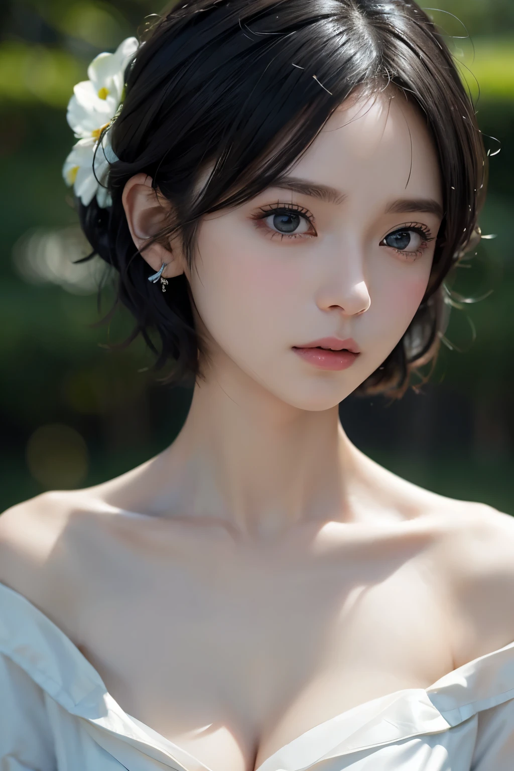 (((Black Short Hair))), (grassland), Seductive pose, 背景がgrassland、Image from chest up:1.6)、Close-up portrait of a woman wearing a white off-the-shoulder top dress and earrings, Soft portrait shot 8k, Nice delicate face, High-quality 4K portraits, High-quality portraits, Soft, perfect, pale skin, 8K Highly Detailed Face, なbeautiful繊細な顔, beautiful光の大きな目, Beautiful and realistic face, beautiful14Old woman, Beautiful and realistic face, cute14Old woman