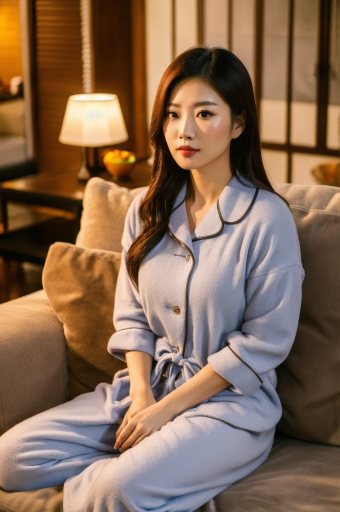 a beautiful asian woman, wearing pajamas, sitting on a sofa in a house residence at night, (best quality,4k,8k,highres,masterpiece:1.2),ultra-detailed,(realistic,photorealistic,photo-realistic:1.37),3d,middle-aged,hd,interior,cozy,warm lighting,soft focus,natural expression,peaceful mood,cinematic composition