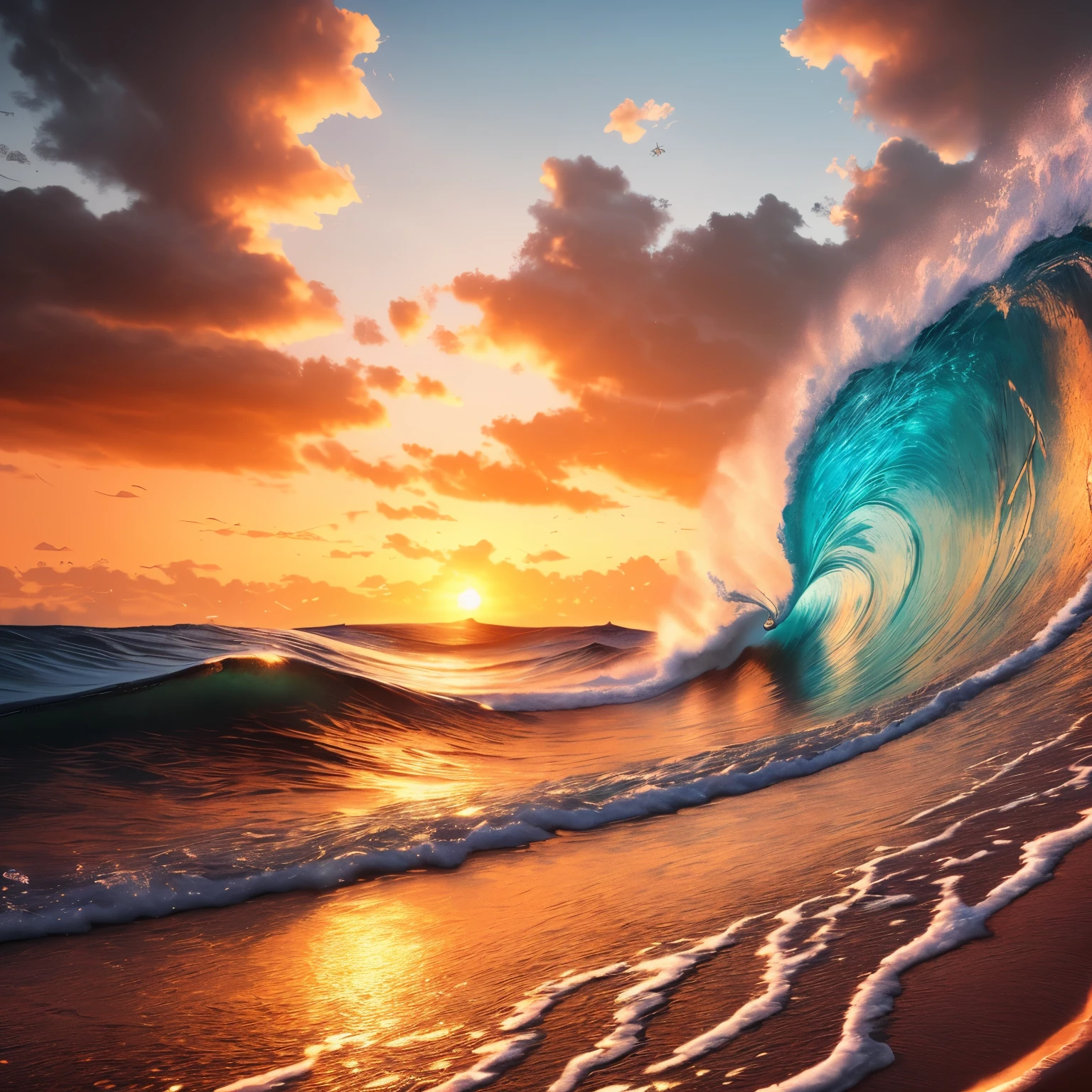 masterpiece, best quality, (8k highly detailed CG unit wallpaper) (best quality), (Best Illustration Award), (Best shadow) Golden Waves, Bright orange sunset through the waves, Golden water droplets fly, (:1.6)