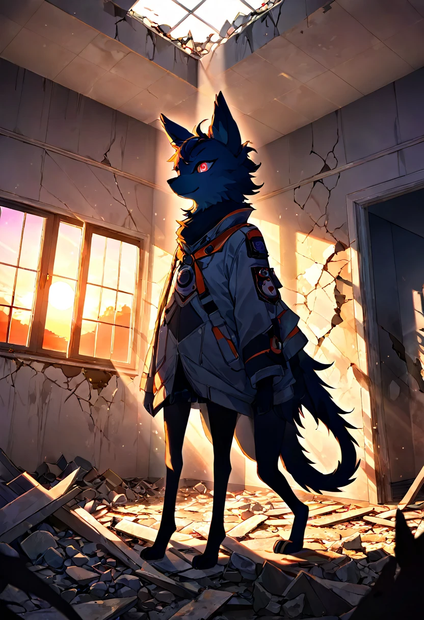 highres, top quality, best quality, paid reward available, High-quality illustrations, unparalleled masterpiece, perfect artwork, absurdres, animal creature standing in the center of a dimly lit room, Rubble, decayed room, Sunset through the window, lens flare, dynamic lighting, cinematic shadow, dutch angle,