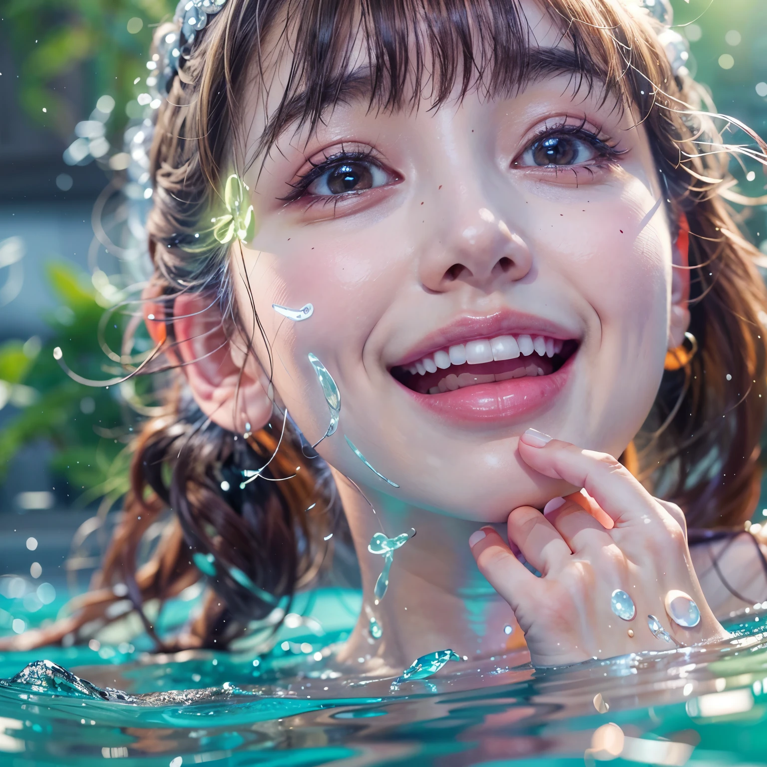 (8K TopQuality masterpiece: 1.2)(Realistic ProfessionalPhoto:1.37), VolumetricLighting. Tiny Girls, girl jumping into the water、Falling、splash water、shout、Luminous water surface、White and Bright colors, back lighting, Radiant PearlSkin, sparkling highlights, Detailed KAWAII face with cute lips, long eyelashes, Delicate clothes, Detailed open crotch