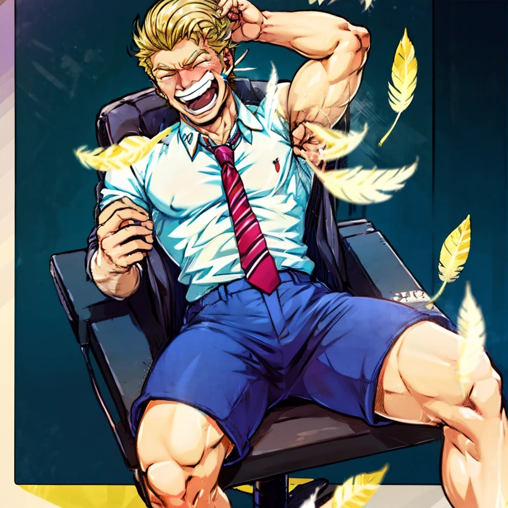 Handsome muscular shirtless ginger haired man laughing hands above head feet in stocks, armpits tickled by brushes, feet tickled by brushes, a handsome blonde man shirtless is kissing the cheek of man laughing, background dungeon 