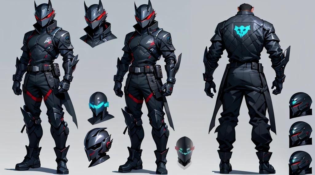 Character design sheet、male、Black combat uniform、Body Armor、Powered Suit、Full Face Helmets、cyber punk