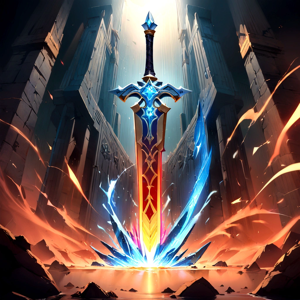 (best quality,4k,8k,highres,masterpiece:1.2),ultra-detailed,realistic,mastersword,legendary weapon,precise craftsmanship,detailed hilt,sharp blade,properly proportioned,beautifully textured,mythical sword puiconic symbol,hero's weapon,forged by the gods,sword of destiny,enchanted blade,glowing blue aura,legendary battles,ultimate power weapon,destined to defeat evil,classic video game weapon,masterful design,intricate engravings,powerful artifact,impeccable quality craftsmanship,striking and elegant,centerpiece of the artwork,shimmering with divine energy,sharp enough to cut through anything,radiating strength and power,fit for a true hero,artistic homage to the game,signature weapon of the hero,pristine metalwork,exquisite attention to detail,colorful gems embedded in the hilt,legendary legacy,unbreakable and indestructible:focus on the blade's reflections and highlights,create an atmosphere of reverence and awe,showcase the iconic sword in a dynamic pose and perspective,bring out the mythical essence and power of the Mastersword.