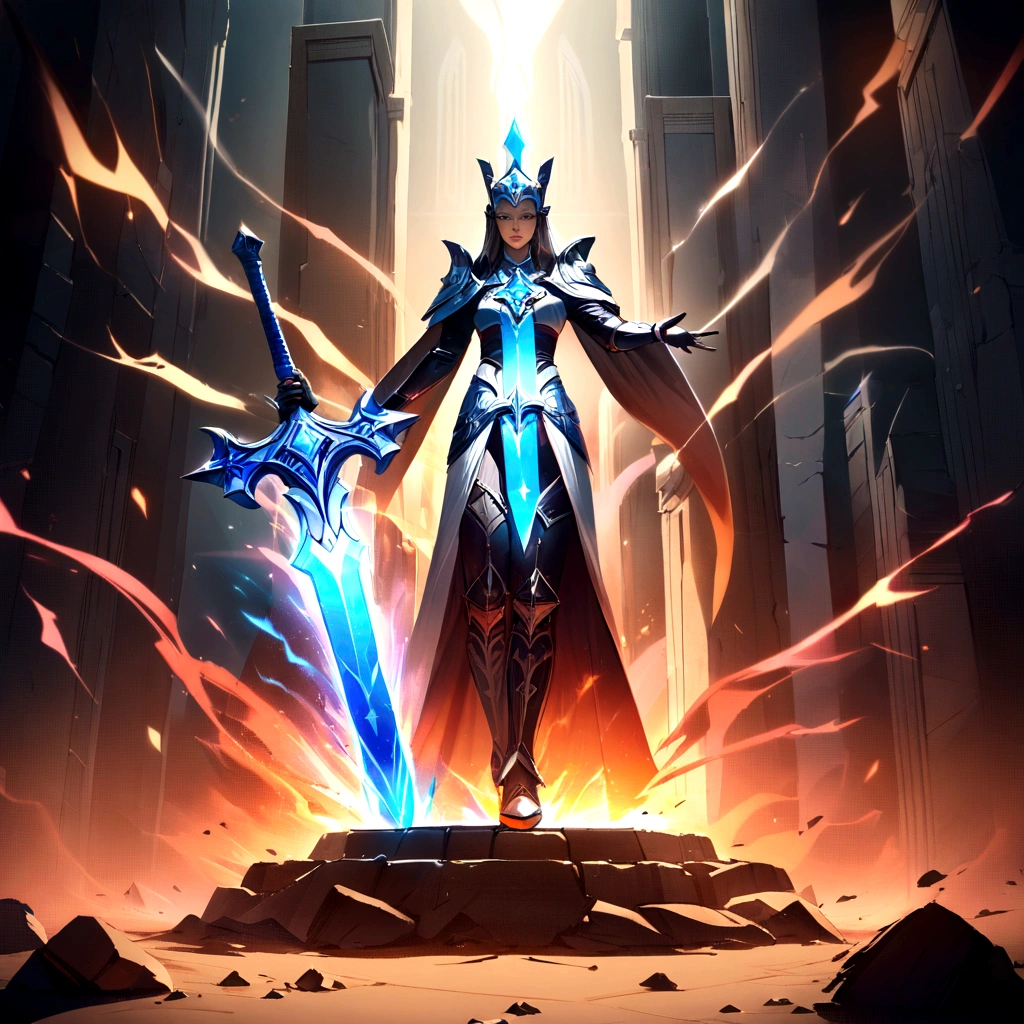 (best quality,4k,8k,highres,masterpiece:1.2),ultra-detailed,realistic,mastersword,legendary weapon,precise craftsmanship,detailed hilt,sharp blade,properly proportioned,beautifully textured,mythical sword puiconic symbol,hero's weapon,forged by the gods,sword of destiny,enchanted blade,glowing blue aura,legendary battles,ultimate power weapon,destined to defeat evil,classic video game weapon,masterful design,intricate engravings,powerful artifact,impeccable quality craftsmanship,striking and elegant,centerpiece of the artwork,shimmering with divine energy,sharp enough to cut through anything,radiating strength and power,fit for a true hero,artistic homage to the game,signature weapon of the hero,pristine metalwork,exquisite attention to detail,colorful gems embedded in the hilt,legendary legacy,unbreakable and indestructible:focus on the blade's reflections and highlights,create an atmosphere of reverence and awe,showcase the iconic sword in a dynamic pose and perspective,bring out the mythical essence and power of the Mastersword.