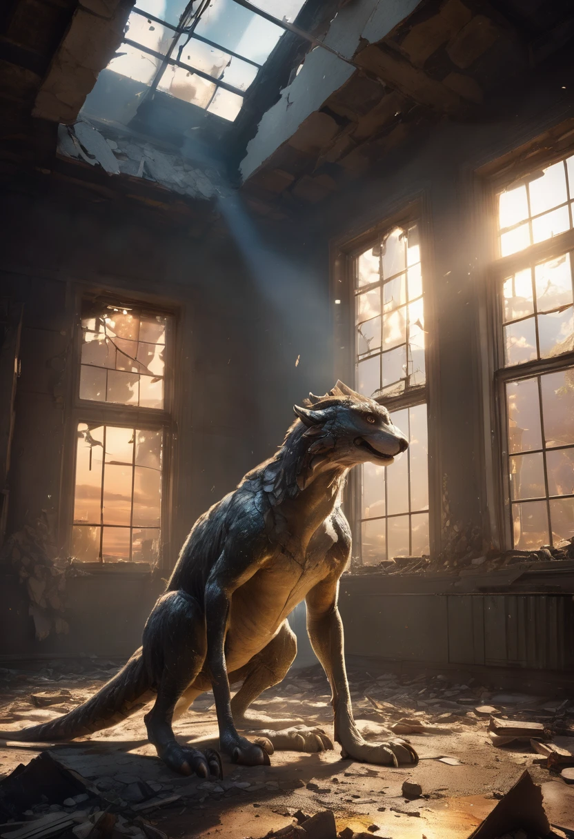 highres, top quality, best quality, paid reward available, High-quality illustrations, unparalleled masterpiece, perfect artwork, absurdres, animal creature standing in the center of a dimly lit room, Rubble, decayed room, Sunset through the window,  lens flare, dynamic lighting, cinematic shadow, dutch angle,