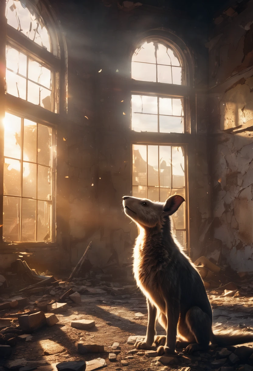 highres, top quality, best quality, paid reward available, High-quality illustrations, unparalleled masterpiece, perfect artwork, absurdres, animal creature standing in the center of a dimly lit room, Rubble, decayed room, Sunset through the window, lens flare, dynamic lighting, cinematic shadow, dutch angle,