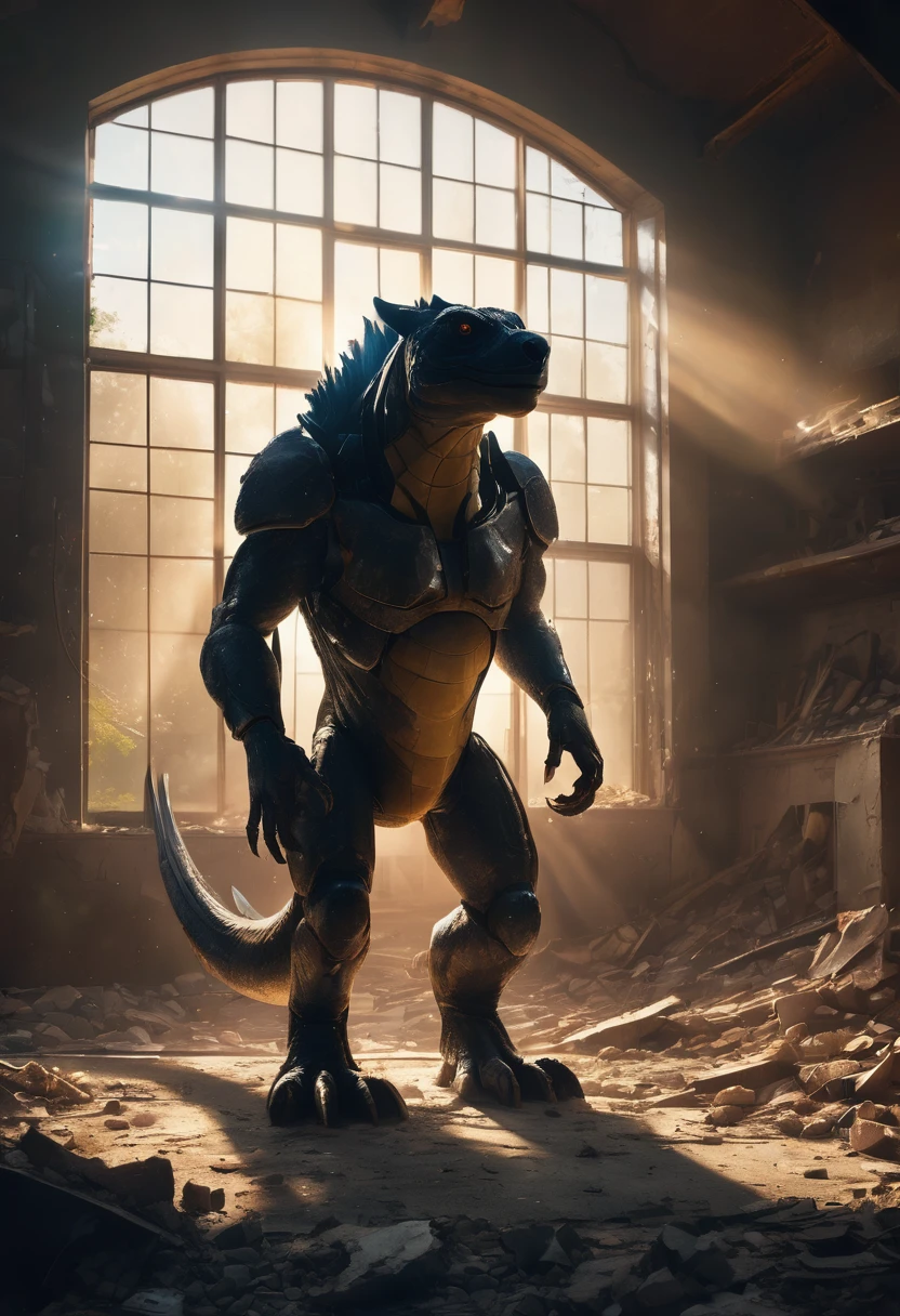 highres, top quality, best quality, paid reward available, High-quality illustrations, unparalleled masterpiece, perfect artwork, absurdres, animal creature standing in the center of a dimly lit room, Rubble, decayed room, Sunset through the window,  lens flare, dynamic lighting, cinematic shadow, dutch angle,