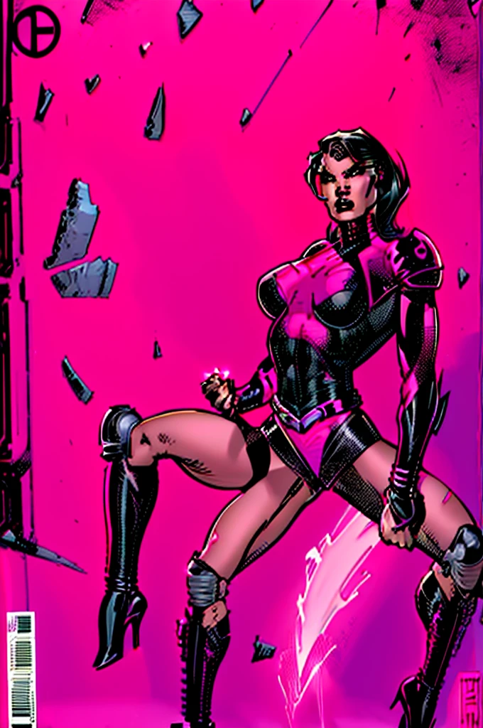 Comic style. A beautiful heroin with ferocious expression. With a black and pink highlight ponytailed long black hair and a pink eyes. Wearing a pink bra that made with iron, a black baggy leather pants, a pink glass high heels and a black leather gloves with pink design. Background of building during night.