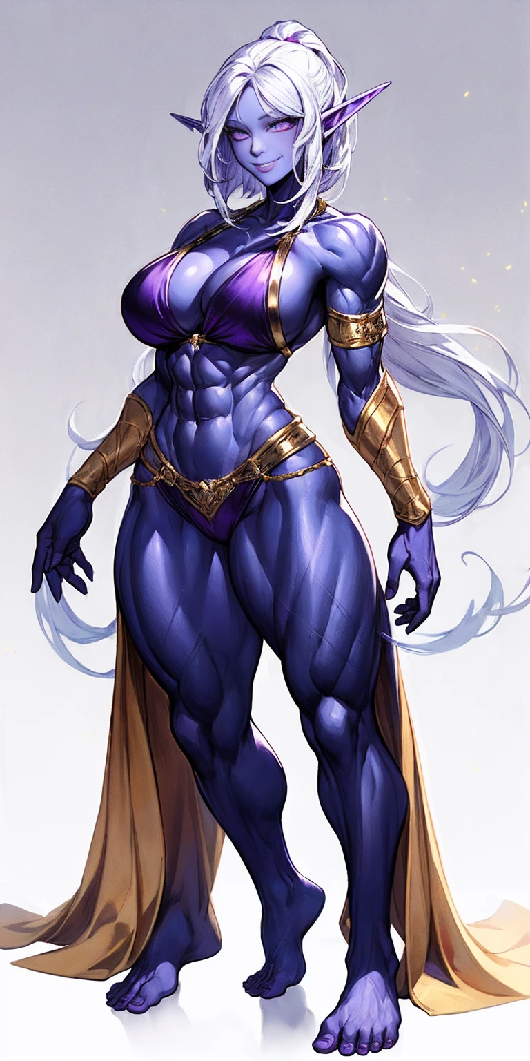 ((plain background:1.2, 1sologirl)) full body standing barefoot hands on waist navel, very purple skin, drow, elf, Madura, Detailed happy face, purple eyes, white hair bob style, gold bikini, well defined six pack abs, Large knockers, golden gloves