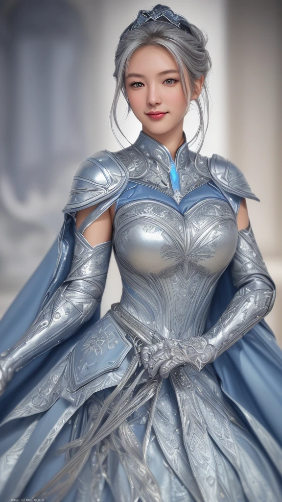 The princess stands before you, clad in an armor of ice that transfigures her into a true queen of the snowy realm. Each armor piece is a frozen masterpiece, crafted with painstaking precision. The shoulder pads exhibit ice spikes, acting as chiseled defenses that glisten with reflected shades of blue and white. Intricate designs of frosted crystals embellish every surface, presenting a mesmerizing display that seems to sway under the light. Translucent plates shield her chest, akin to living glass, reflecting and scattering light into a myriad of shimmering tones. Delicate ice pendants dangle from her armor, emitting a soft,