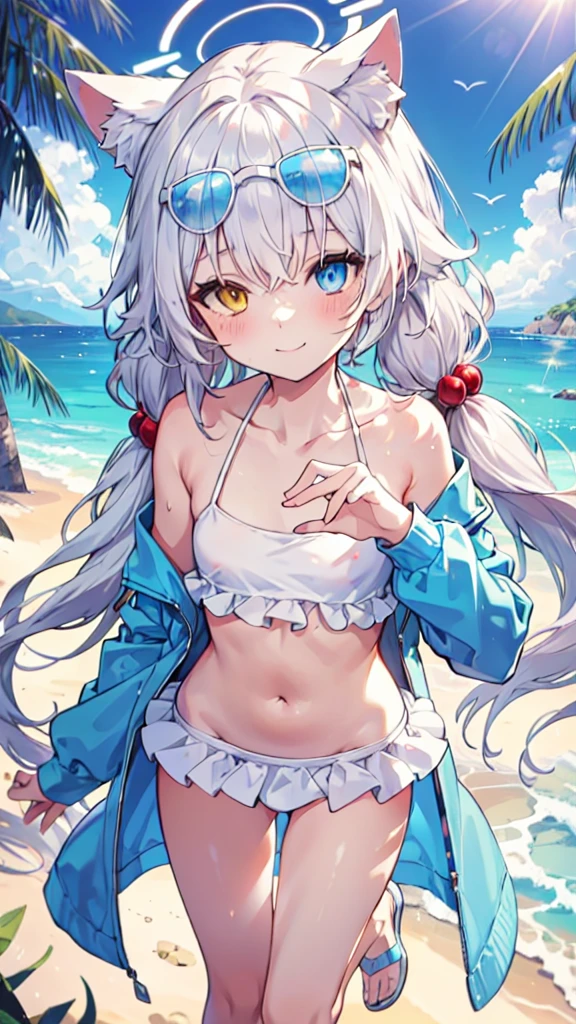 Bikini，White hair，Long hair，Cat ear，Heterochromia blue-yellow，Smile，Female face，There are bright spots in the eyes，Female hands，White little hands，Normal fingers，flat chest，Solitary，Summer，Beach，Blue Halo