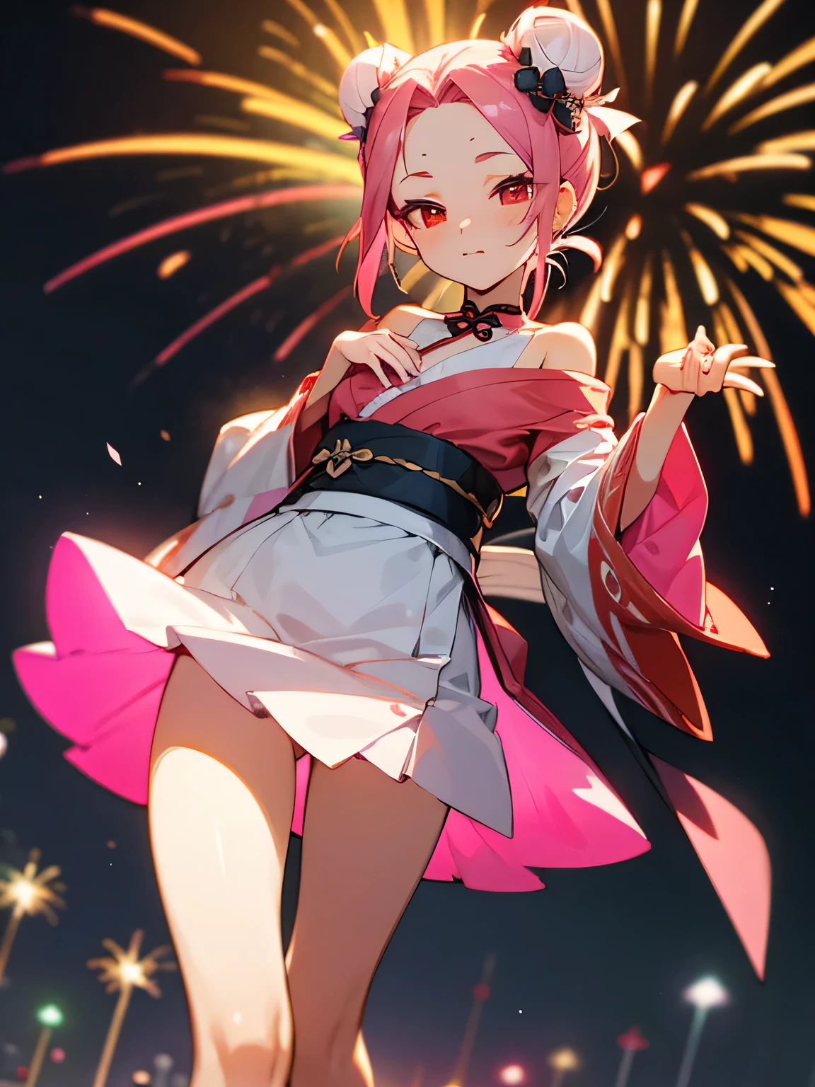 solo,dynamic pose,looking at viewer, lite pink color twin buns hairstyle,big forehead, red eyes, off shoulder,(Enchanting chest) , Japanese summer half sleeves yukata, sexly,summer night , fireworks,