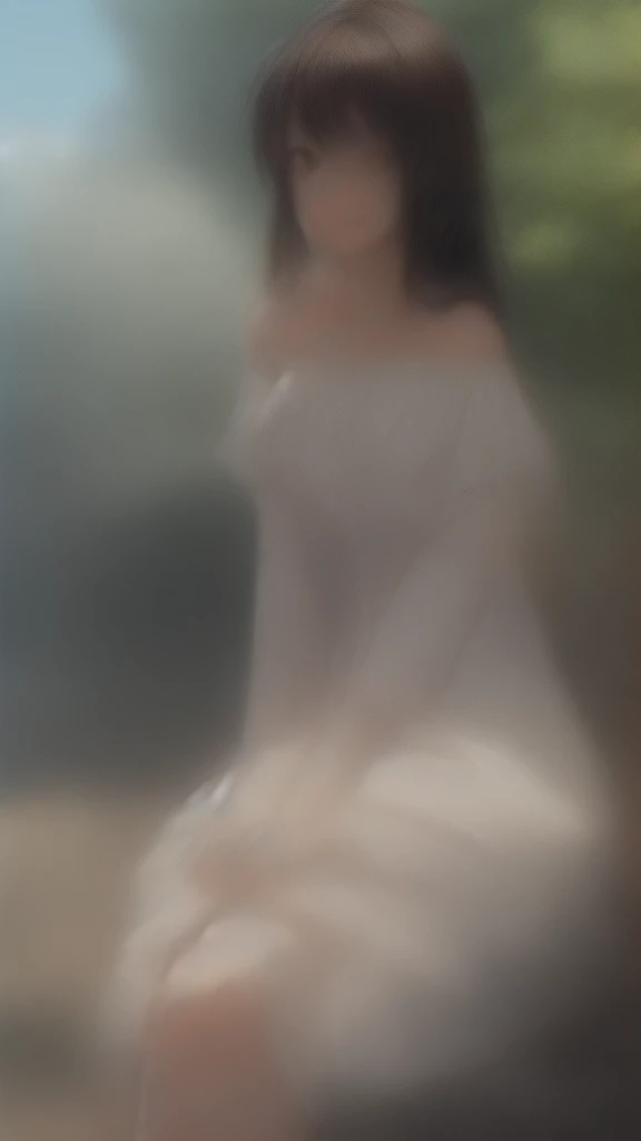 A Makoto Shinkai-esque scene with a mysterious natural background。
while sitting on the bench。
Wearing a white dress。
Off-the-shoulder dress。
Smiling and looking upwards。
Hatsune Miku