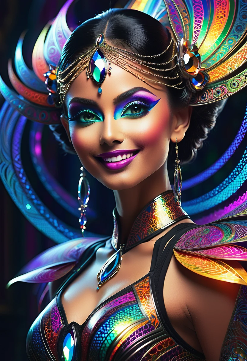 a colorful glowing post-modern ornamental plasma prowler, sleek lines and intricate patterns intertwine to create a sense of futuristic gothic elegance. The main subject of the image is a stunningly gorgeous colorful woman dancer with intricately detailed eyes and a perfect body in every way, smiling. This detailed description is depicted in a high-quality photograph, highlighting the intricate details and ethereal atmosphere. The image captures the essence of modern technology and artistry, blending seamlessly in a visually stunning composition that captivates the viewer's imagination