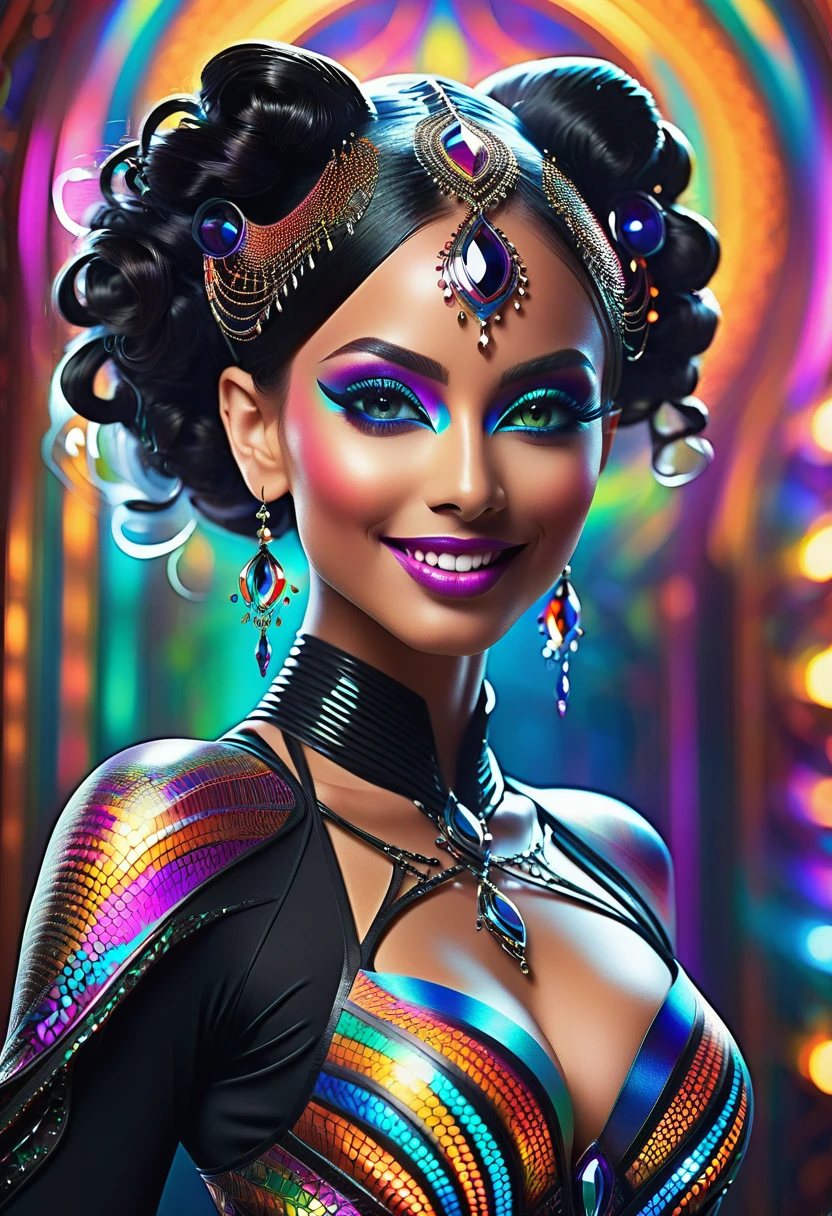 a colorful glowing post-modern ornamental plasma prowler, sleek lines and intricate patterns intertwine to create a sense of futuristic gothic elegance. The main subject of the image is a stunningly gorgeous colorful woman dancer with intricately detailed eyes and a perfect body in every way, smiling. This detailed description is depicted in a high-quality photograph, highlighting the intricate details and ethereal atmosphere. The image captures the essence of modern technology and artistry, blending seamlessly in a visually stunning composition that captivates the viewer's imagination