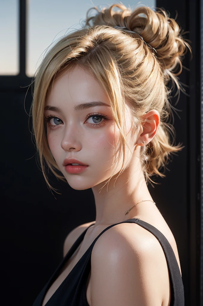 a 20 yo woman, blonde, (hi-top fade:1.3), dark theme, soothing tones, muted colors, high contrast, (natural skin texture, hyperrealism, soft light, sharp)