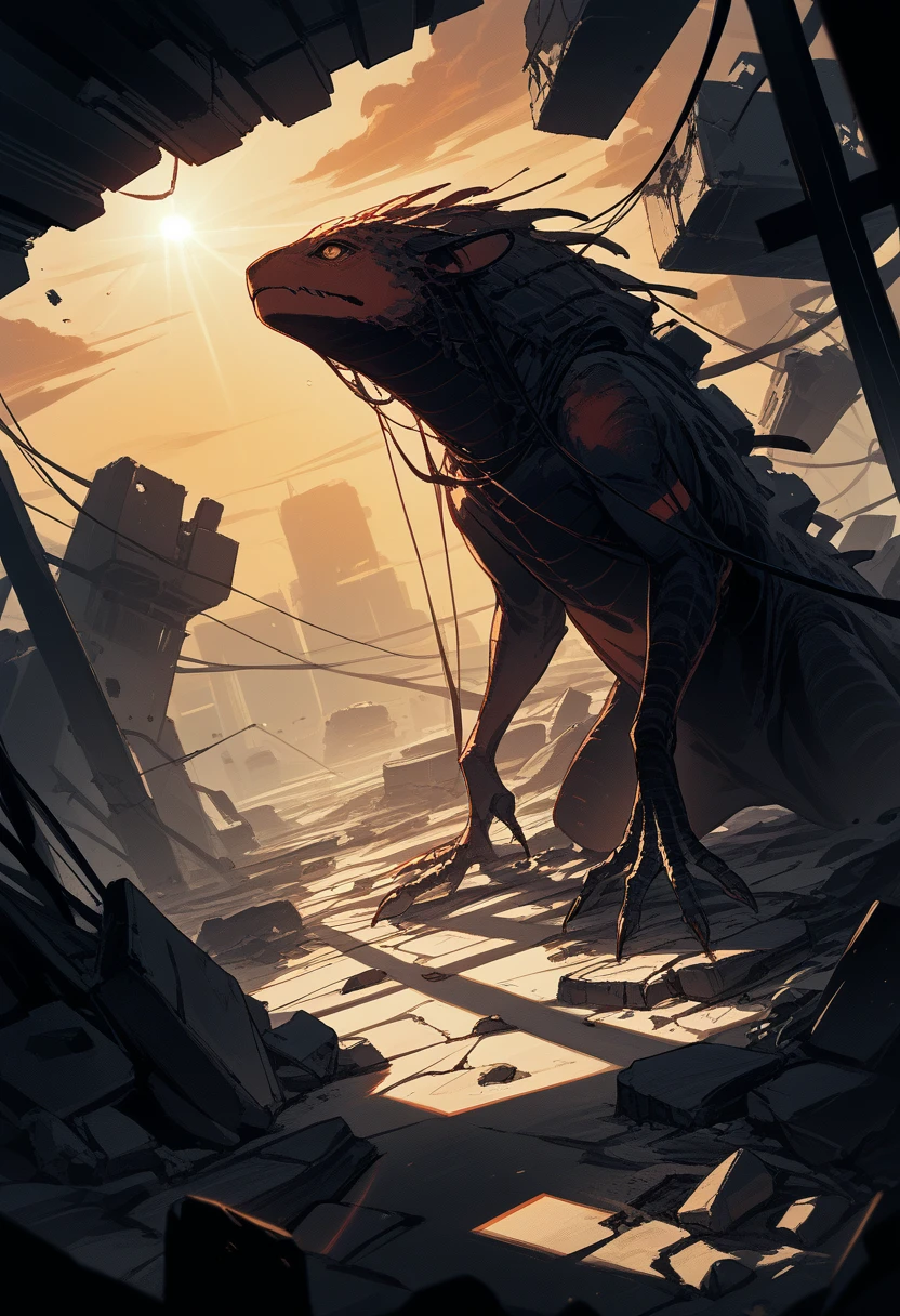 highres, top quality, best quality, paid reward available, High-quality illustrations, unparalleled masterpiece, perfect artwork, absurdres, animal creature standing in the center of a dimly lit room, Rubble, decayed room, Sunset through the window,  lens flare, dynamic lighting, cinematic shadow, dutch angle,
