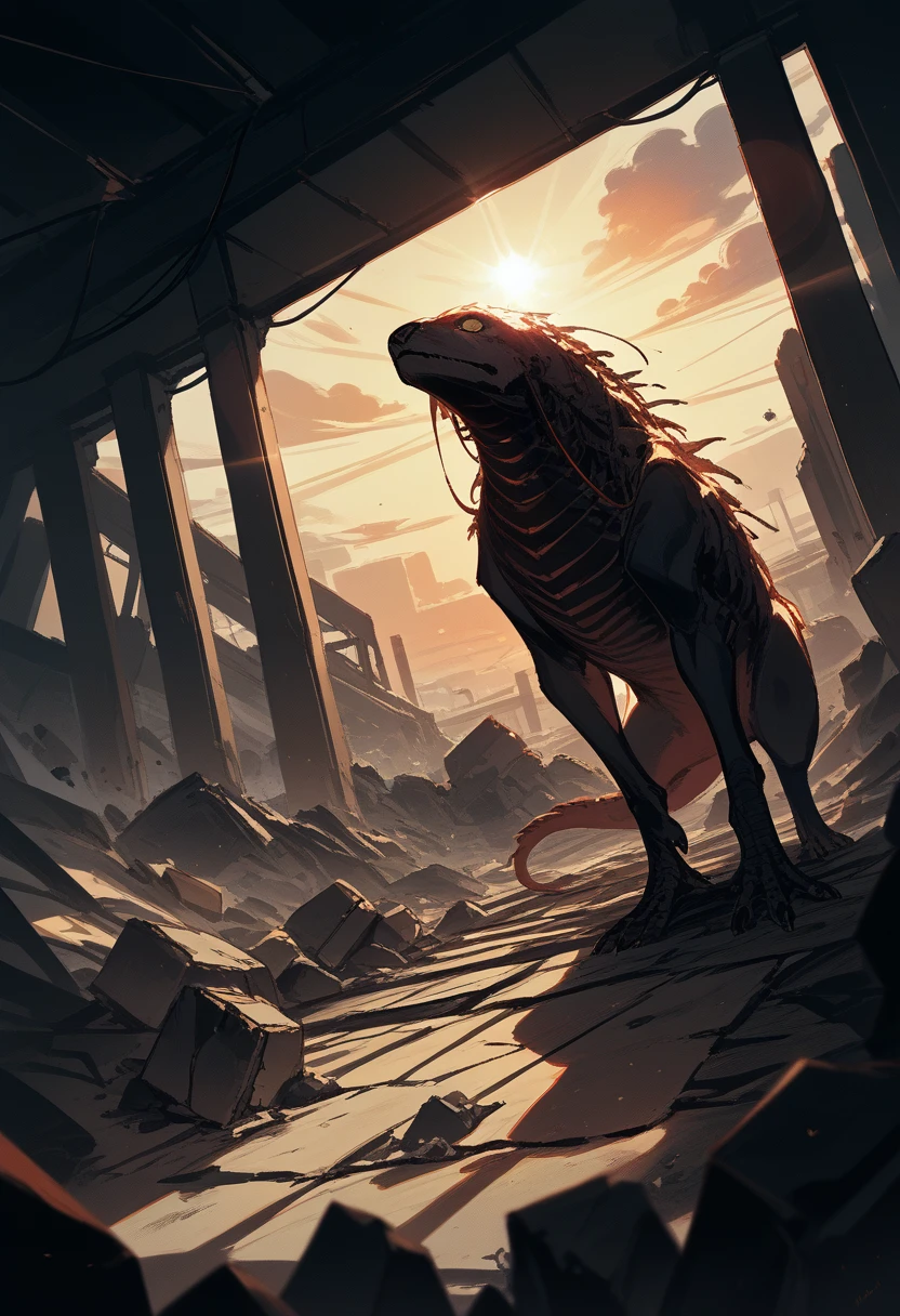 highres, top quality, best quality, paid reward available, High-quality illustrations, unparalleled masterpiece, perfect artwork, absurdres, animal creature standing in the center of a dimly lit room, Rubble, decayed room, Sunset through the window, lens flare, dynamic lighting, cinematic shadow, dutch angle,