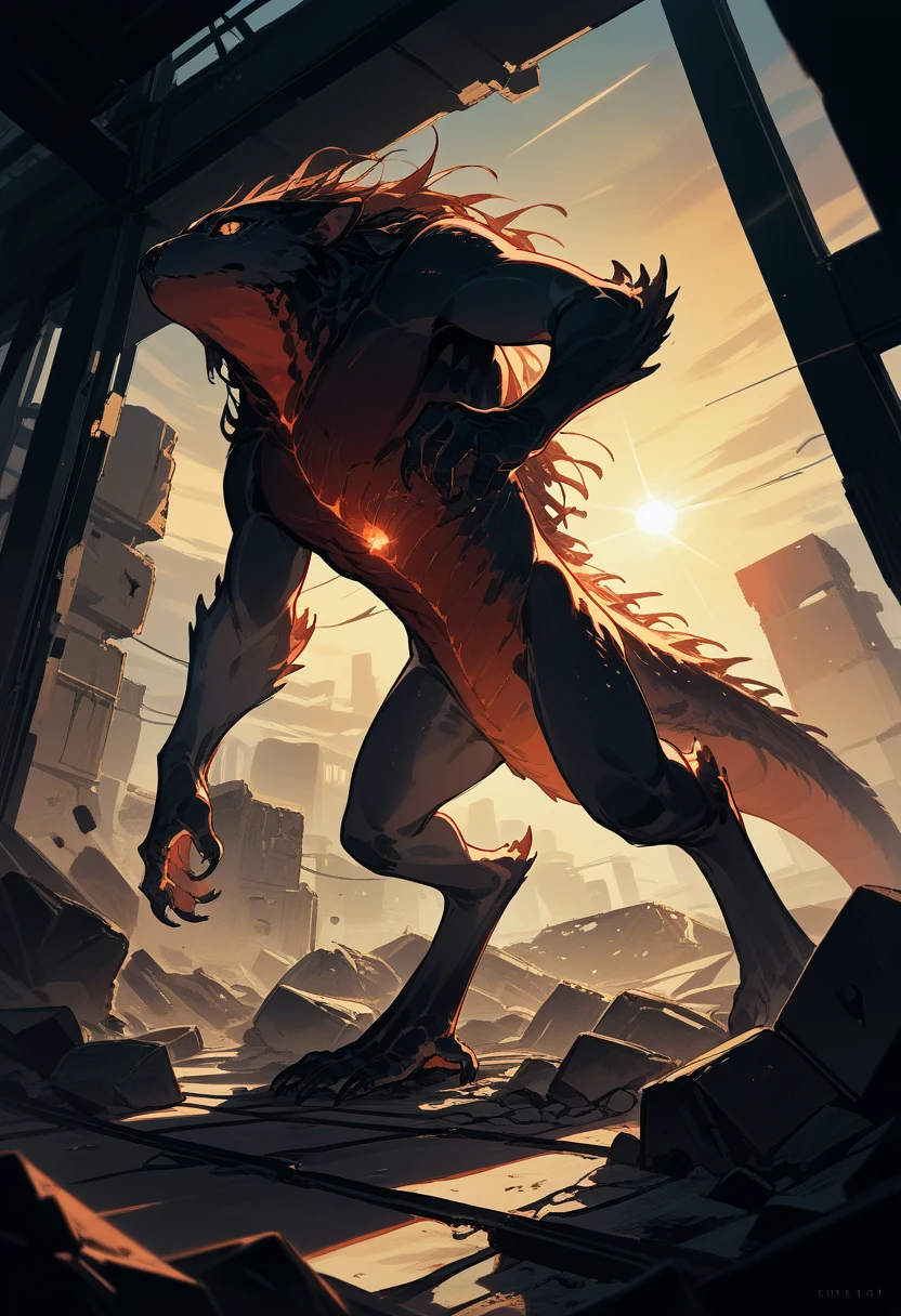 highres, top quality, best quality, paid reward available, High-quality illustrations, unparalleled masterpiece, perfect artwork, absurdres, animal creature standing in the center of a dimly lit room, Rubble, decayed room, Sunset through the window, lens flare, dynamic lighting, cinematic shadow, dutch angle,