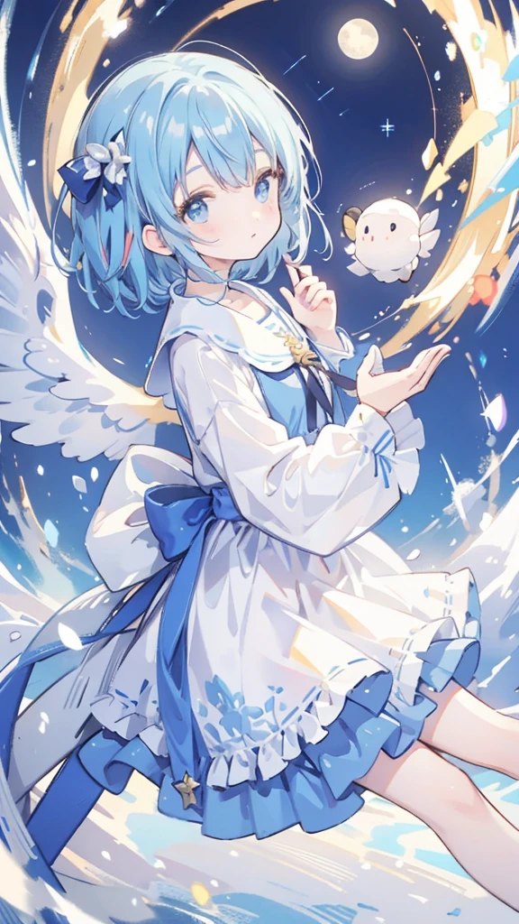 top quality, masterpiece, ultra high resolution, pretty facial features, flat design, Giant Gura, Giant Gura as magical girls with wings, A cute girl and a big sheep, girl touching sheep, perfect face, Giant Gura with short hair,simple background, fancy, Cute girl floating in the night sky, With a starry sky in the background, Giant Full Moon, Beautiful and simple flowing blue dress