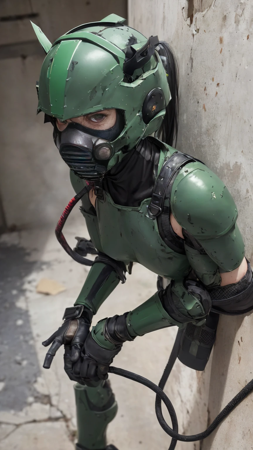 , Advanced Details, high quality, 最high quality, High resolution, 1080P 、Bleeding from the wound、Sexy Eyes、Wearing green and black、cute((The whole body is sweating))(Equipped with a damaged battle suit....)(Dark green armor)(Broken Armor)Black Hair、Chiquita、short hair、Open your mouth、Painful expression、It hurts again、Healthy Skin、20-year-old female　defeat　(Steam coming out of the face) ((Steam from the body)) 　Unable to fight　Severe attacks　((I was thrown against the wall、Headgear broke.　)) Flying debris　bare hands　Armor Stripping　gas mask explodes　(Don&#39;t show your skin)