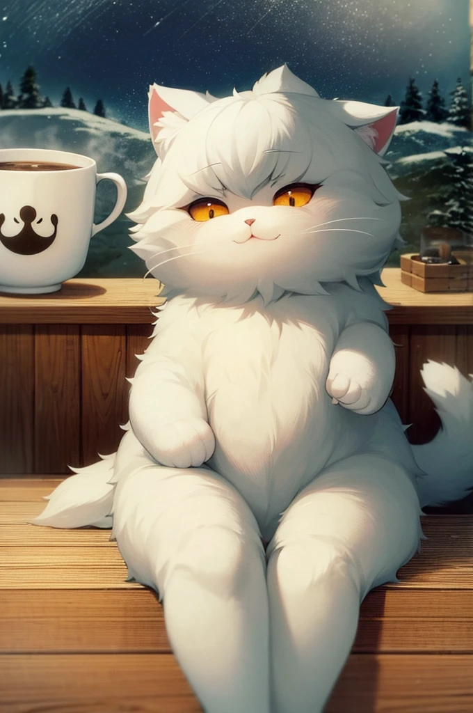 The lazy fluffy cat , adorable with big eyes, extremely beautiful tail, sleeps in the cabin of the cozy camping car in the snowy mountains. A cup of hot coffee for a fresh morning.