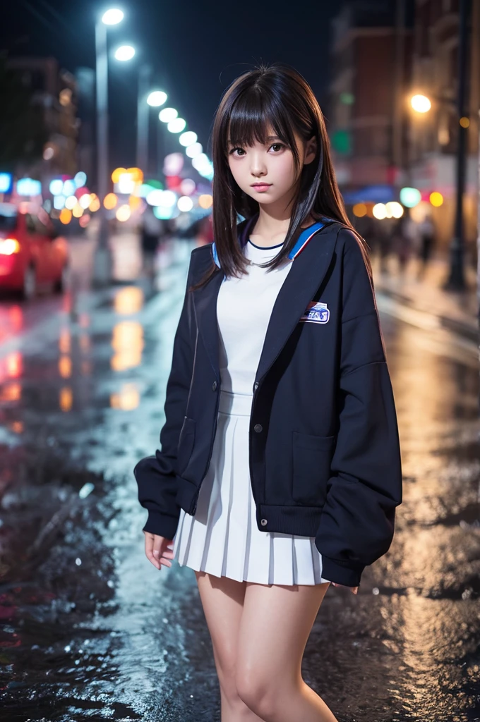 masterpiece, Highest quality, Realistic, Scattered beneath the surface, Color lighting,
Colorized, red + white + purple + Blue limited color palette, 詳細なコンセプトfigure, Line art, figure,
fashion,
18 歳 1 peopleの女の子のクローズ アップ,Small breasts,
shy,
bangs,
Urban attire,
sleeve,
Pleats,
metallic,
city,
School, people々,
rain
blurred background