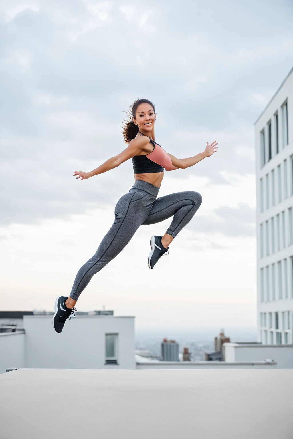 arafed woman in a black sports t shirt and leggings jumping in the air, leaping into the air, leaping, jump pose, leaping with arms up, standing on rooftop, leaping towards viewer, athletic fashion photography, dynamic active running pose, in a jumping float pose, standing on a rooftop, female ascending into the sky