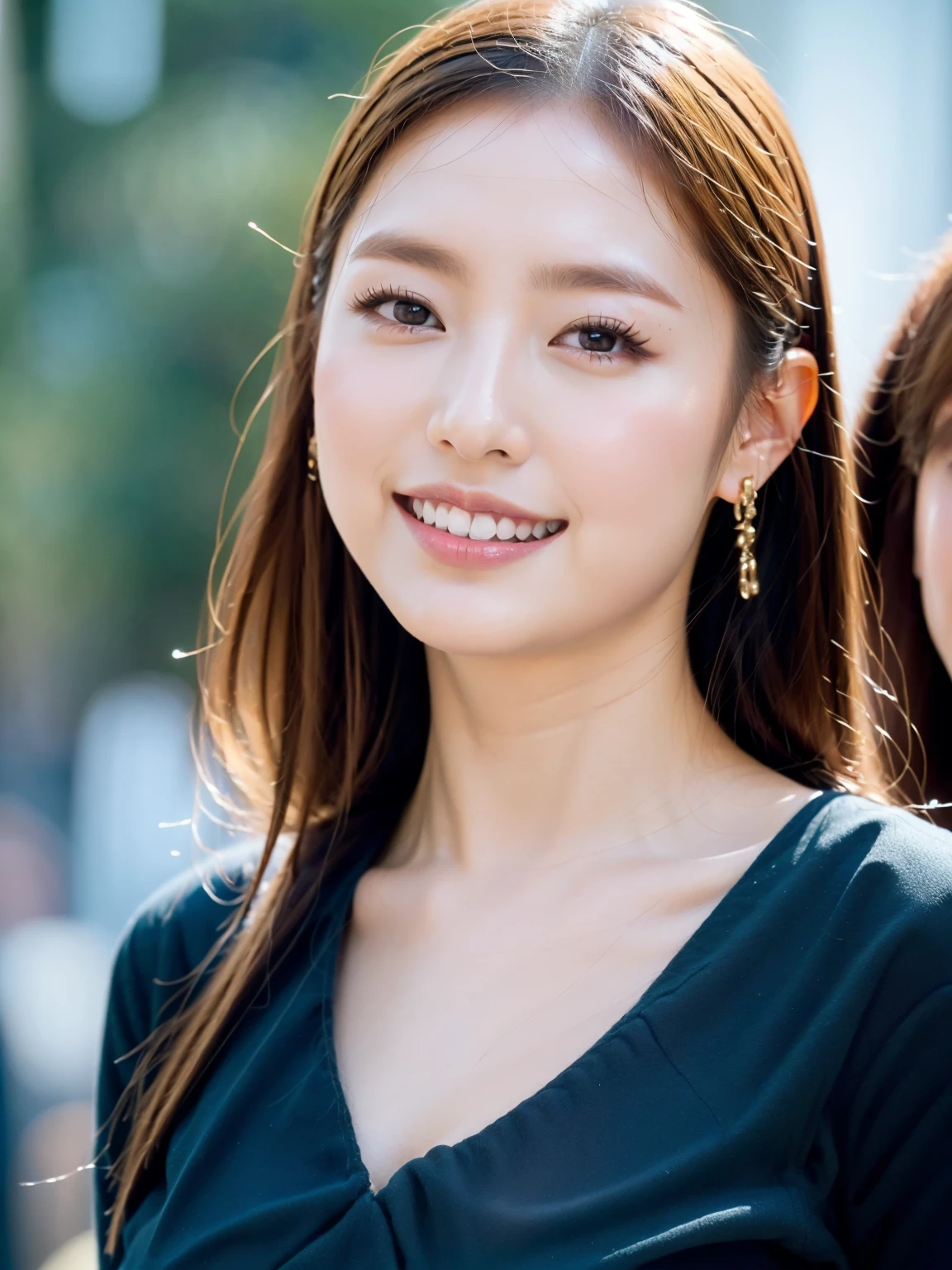 (Tabletop:1.3), (8K, Realistic, RAW Photos, Highest quality: 1.4), Japanese, (One Girl), Beautiful Face, (Realistic Face), (Black Hair), Beautiful hairstyle, Realistic eyes, Beautiful attention to detail, (Realistic Skin), Beautiful Skin, Charm, Ultra-high resolution, Surreal, Very detailed, Golden Ratio,.)、One girl、cute、Laughter、Mouth closed、Beautiful details、Beautiful nose down to the last detail、Esbian all over、Wet your hair、Giant Dalcefo、pork、、Thighs Thighs Thighs Thighs,Upper Body