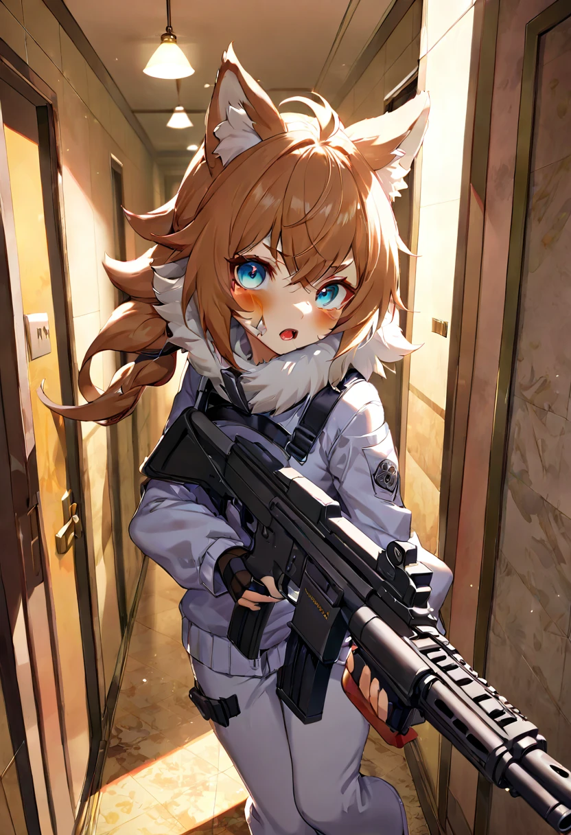 dynamic angle, top quality, best quality, High-quality illustrations, masterpiece, super high resolution, detailed background, detailed background, biohazard, Dim hotel hallway, gun fight, game package, absurdres(highly detailed beautiful face and eyes)perfect anatomy, expression, good lighting, cinematic shadow(kemono, furry anthro),