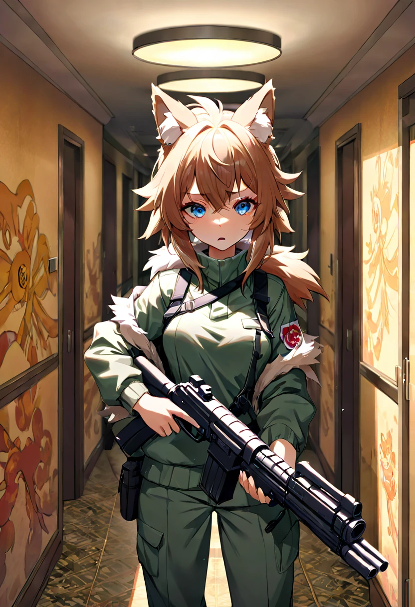 dynamic angle, top quality, best quality, High-quality illustrations, masterpiece, super high resolution, detailed background, detailed background, biohazard, Dim hotel hallway, gun fight, game package, absurdres(highly detailed beautiful face and eyes)perfect anatomy, expression, good lighting, cinematic shadow(kemono, furry anthro),