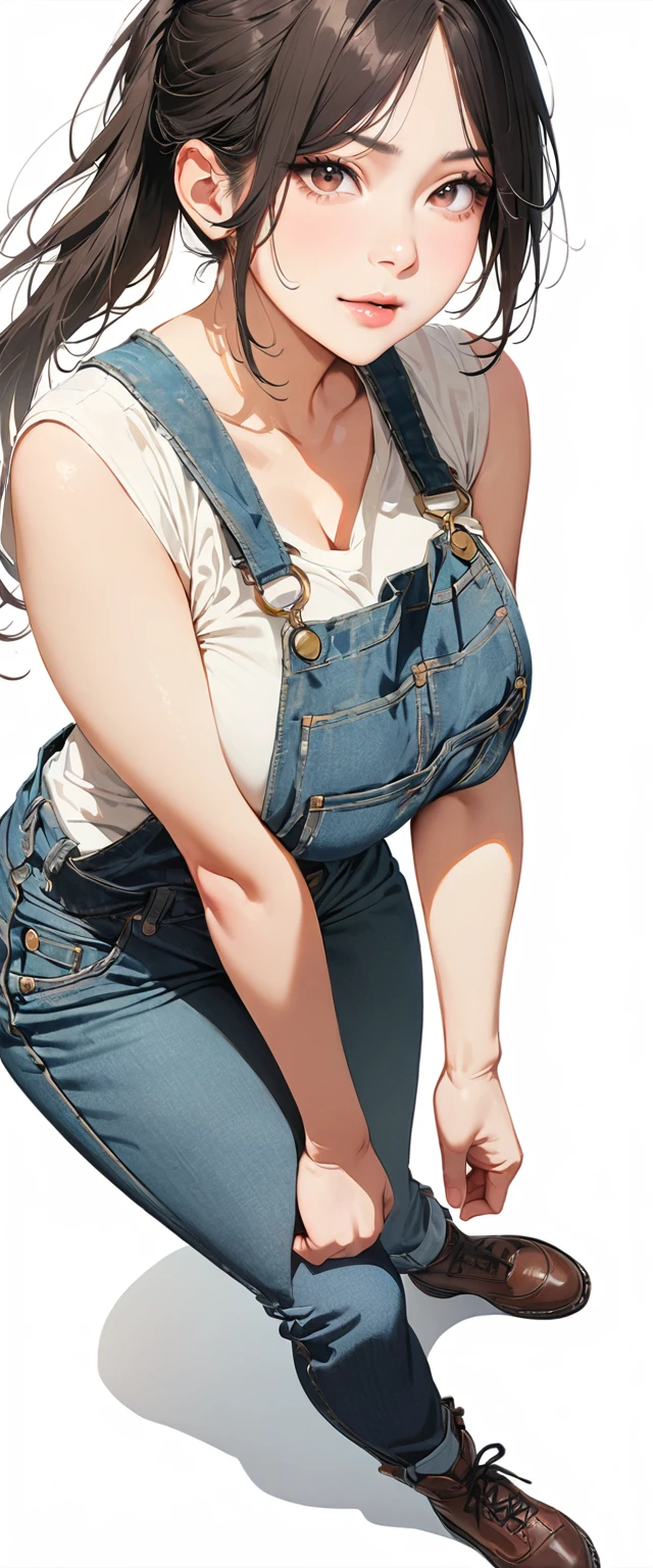40 years old,1 mature woman,hyperrealistic, 8k, (extremely detailed 8k), (very delicate and beautiful), (masterpiece), (better quality:1.0), (ultra high resolution:1.0), (masterpiece, best quality),cute,black hair,big breasts,ponytail,POV,overalls,full body,white background,leaning forward,