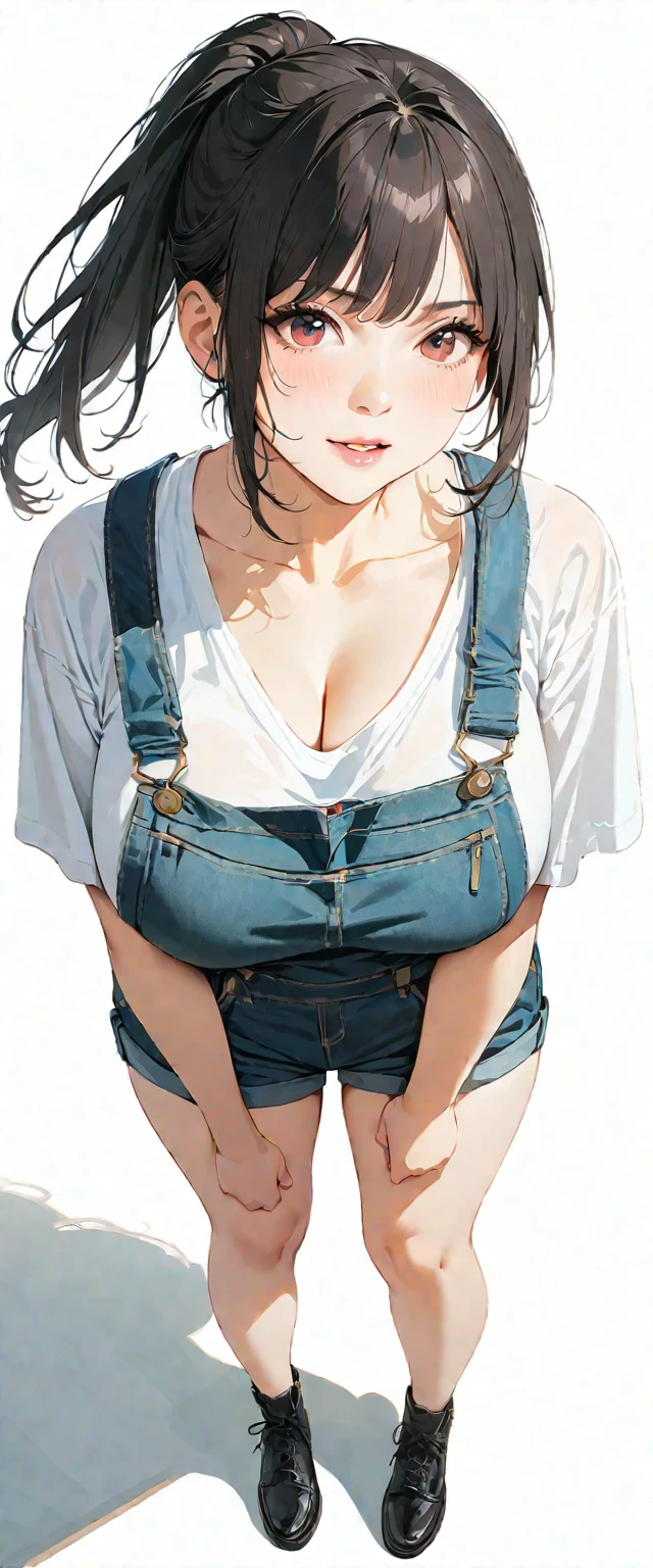 40 years old,1 mature woman,hyperrealistic, 8k, (extremely detailed 8k), (very delicate and beautiful), (masterpiece), (better quality:1.0), (ultra high resolution:1.0), (masterpiece, best quality),cute,black hair,big breasts,ponytail,POV,overalls,full body,white background,leaning forward,