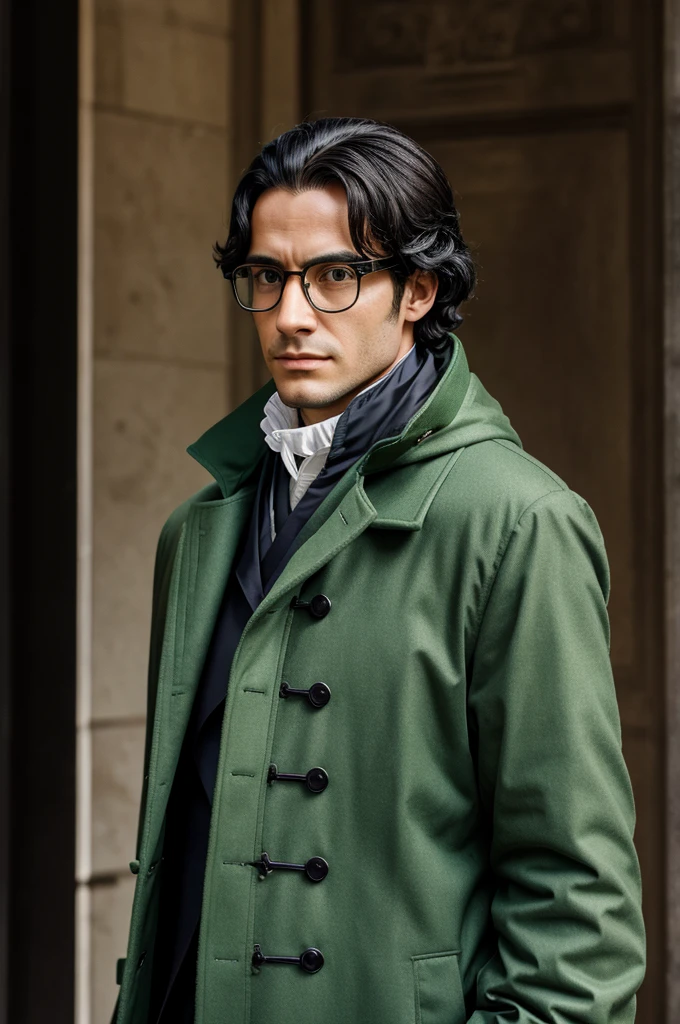 Based on Maximilien Robespierre, lawyer, green coat, glasses 