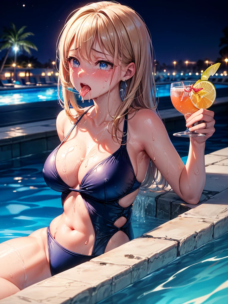 Highest quality,Highest Resolution,A crying beauty in a super high-cut swimsuit,Night Pool,Night view,whole body,up,Very beautiful eyes,(((Drink a drink))),(((Open your mouth and drool))),(((Sweat profusely)))Tears,Big Breasts,(((Tback)))