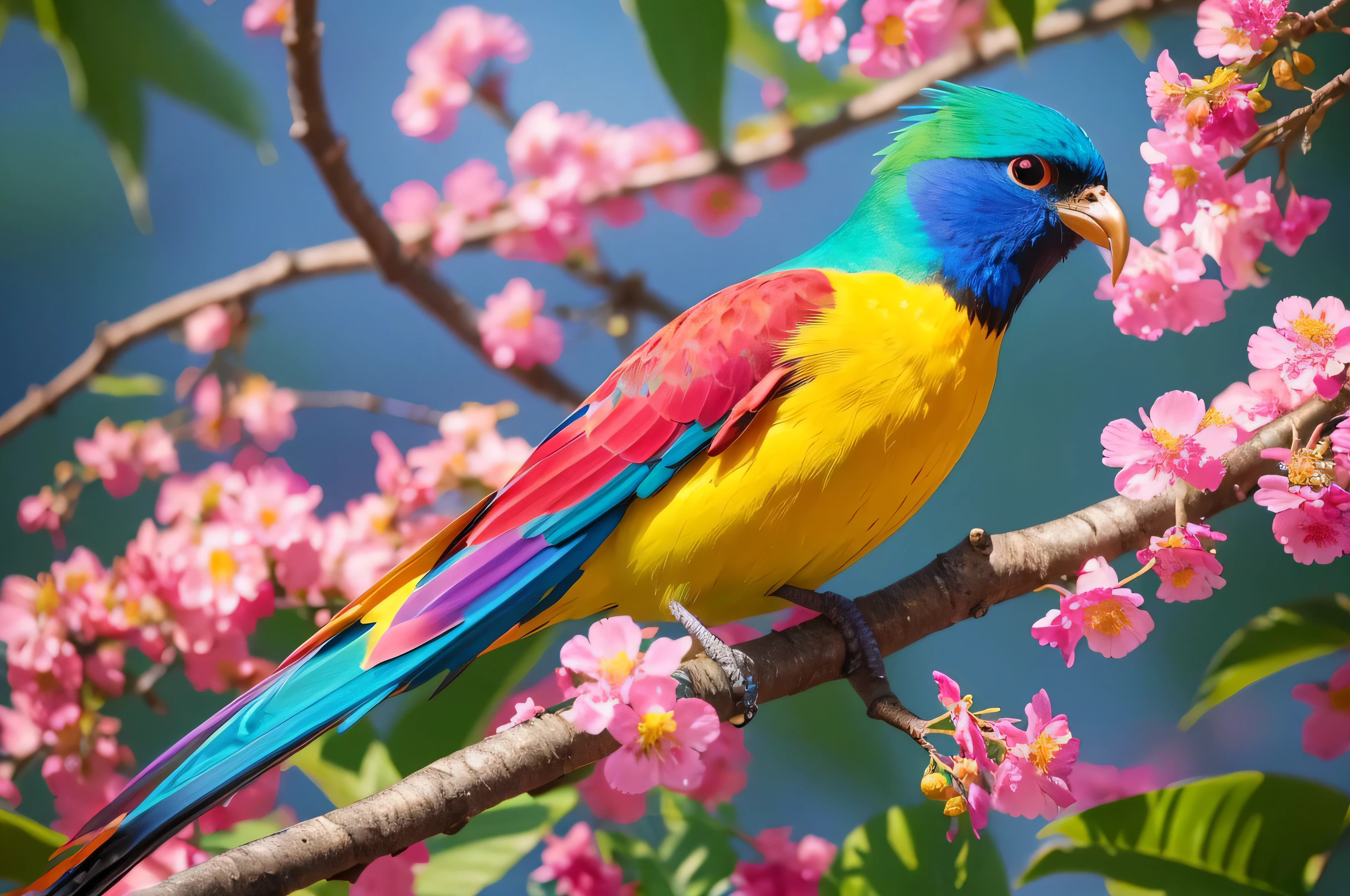A brightly colored bird perched on a branch with leaves and flowers, Digital Art inspired by Charles Bird King, Trending on Pixabay, Digital Art, Colorful HD images, Colorful 8 k, Multicolored birds, Beautiful and colorful, Beautiful colorful, Long colorful bird, Colorful feathers, Colorful 4K, Beautiful and vibrant colors, 4k highly detailed Digital Art, Surreal Bird