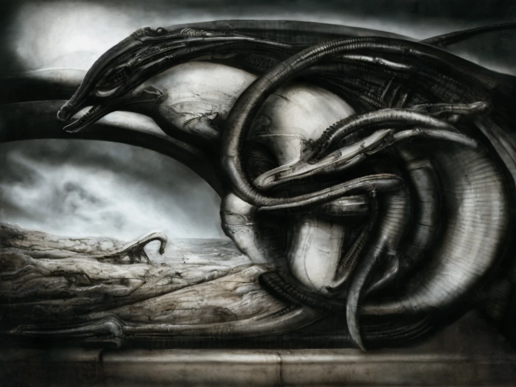 The image is a detailed view of H.R. Giger's biomechanical tableau \" Landscape XVI \" plate, featuring.
(airbrush painting, Giger's alien in front of broken alien ship in landscape, natural light, sharp focus, illustration, highly detailed, digital painting, concept art, matte, art by gric and kozhanov and moebius and Alphonse Mucha, masterpiece, HDR ,UHD , uplight, in HRGigerArhP style);1.
surrealistic painting of a monster with multiple tentacles and a body that looks like a brain, surrounded by a chaotic scene of swirling clouds and other monsters
 It's a complex network of bones and organs in eldritch color scheme:a greenish-brown hue ,swirling gery and brown colors. The artwork is silverish and green brown, with an ivory bones prominently displayed. The image is highly detailed and intricate, almost like a 3d version of a medical sketchwork.   
The piece is a tableau, most likely created with a India ink pen or pencil on paper, determined by the thin lines, shading techniques, and the texture of the paper, which is visible around the edges.
Used is pen, given the shading and variations in line weight visible in the image. Artist have used a variety of stylus with different degrees of hardness to achieve the shading effects.
 The use of undersaturated green-grays dark contrasts creates a stark and graphic look. Is used a variety of linework techniques to create different textures. Fine, parallel lines create a smooth, metallic texture,while thicker, more cursive lines suggest cables or wires.
Light source from the top highlights skeletals, pper part of foreground, lower part of image is in shadowupper part of foreground, lower part of image is in shadow.
The art performance showcases the artist’s skills in observation and rendering. The level of detail in the piece suggests a close study of real bone specimens and mechanics. The artist has skillfully used shading techniques to create a convincing illusion of three-dimensionality on a flat surface. The wrinkles 