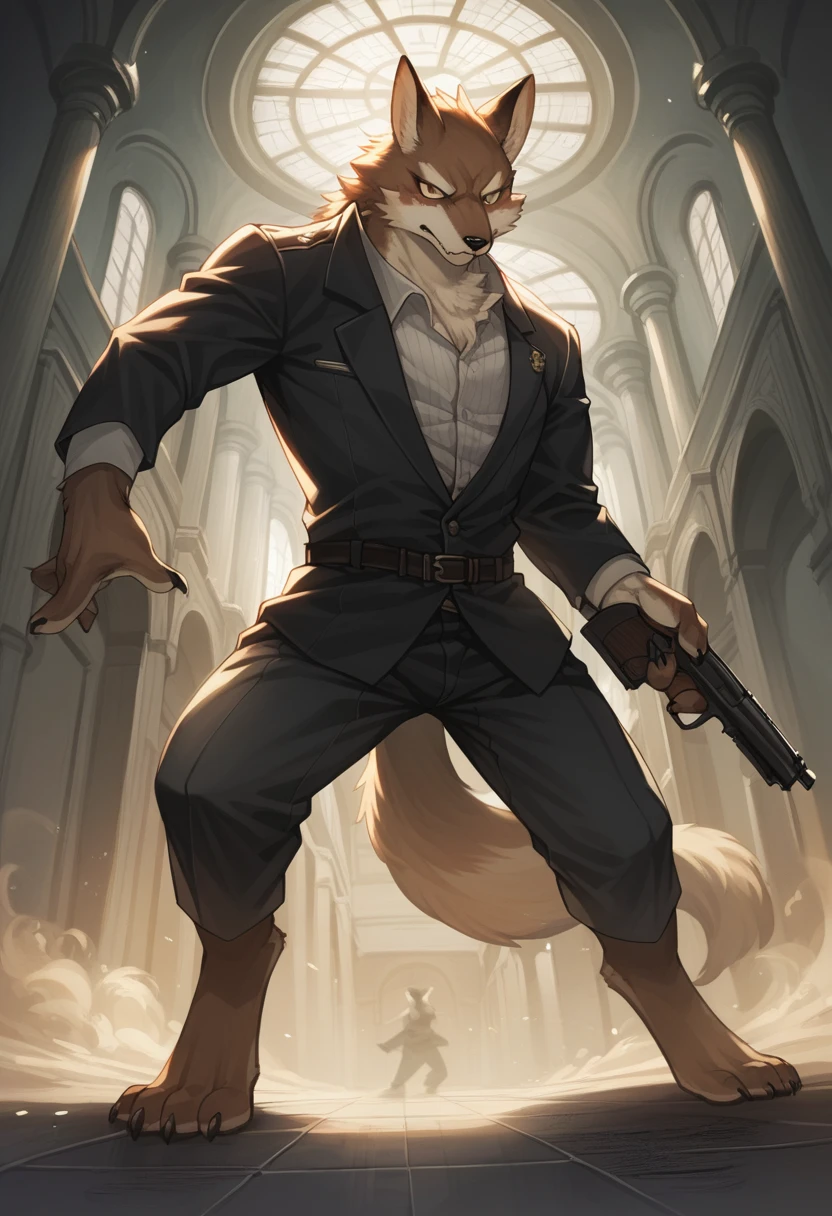 dynamic angle, top quality, best quality, High-quality illustrations, masterpiece, super high resolution, detailed background, detailed background, biohazard, Dim hotel hallway, gun fight, game package, absurdres(highly detailed beautiful face and eyes)perfect anatomy, expression, good lighting, cinematic shadow(kemono, furry anthro),