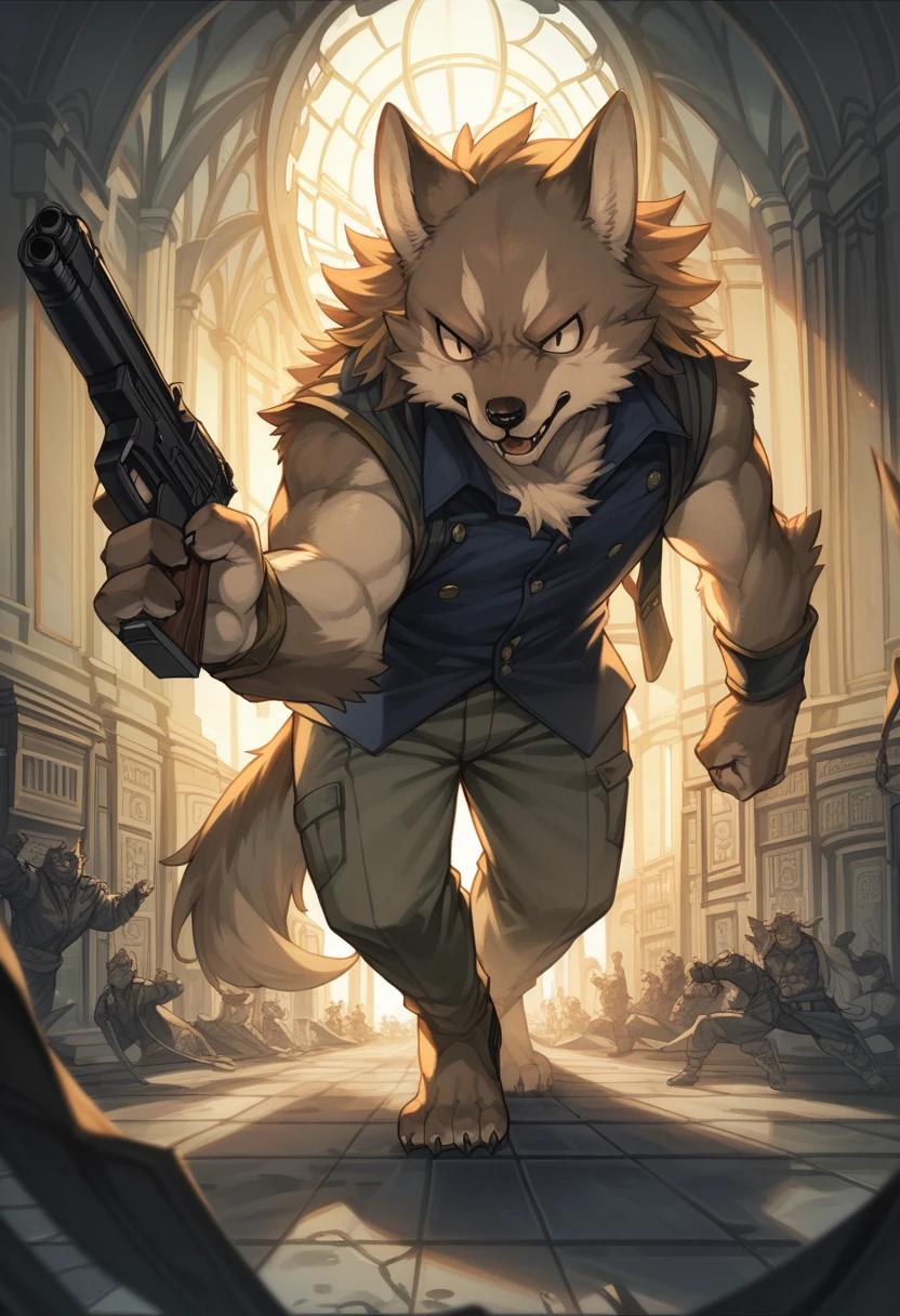 dynamic angle, top quality, best quality, High-quality illustrations, masterpiece, super high resolution, detailed background, detailed background, biohazard, Dim hotel hallway, gun fight, game package, absurdres(highly detailed beautiful face and eyes)perfect anatomy, expression, good lighting, cinematic shadow(kemono, furry anthro),