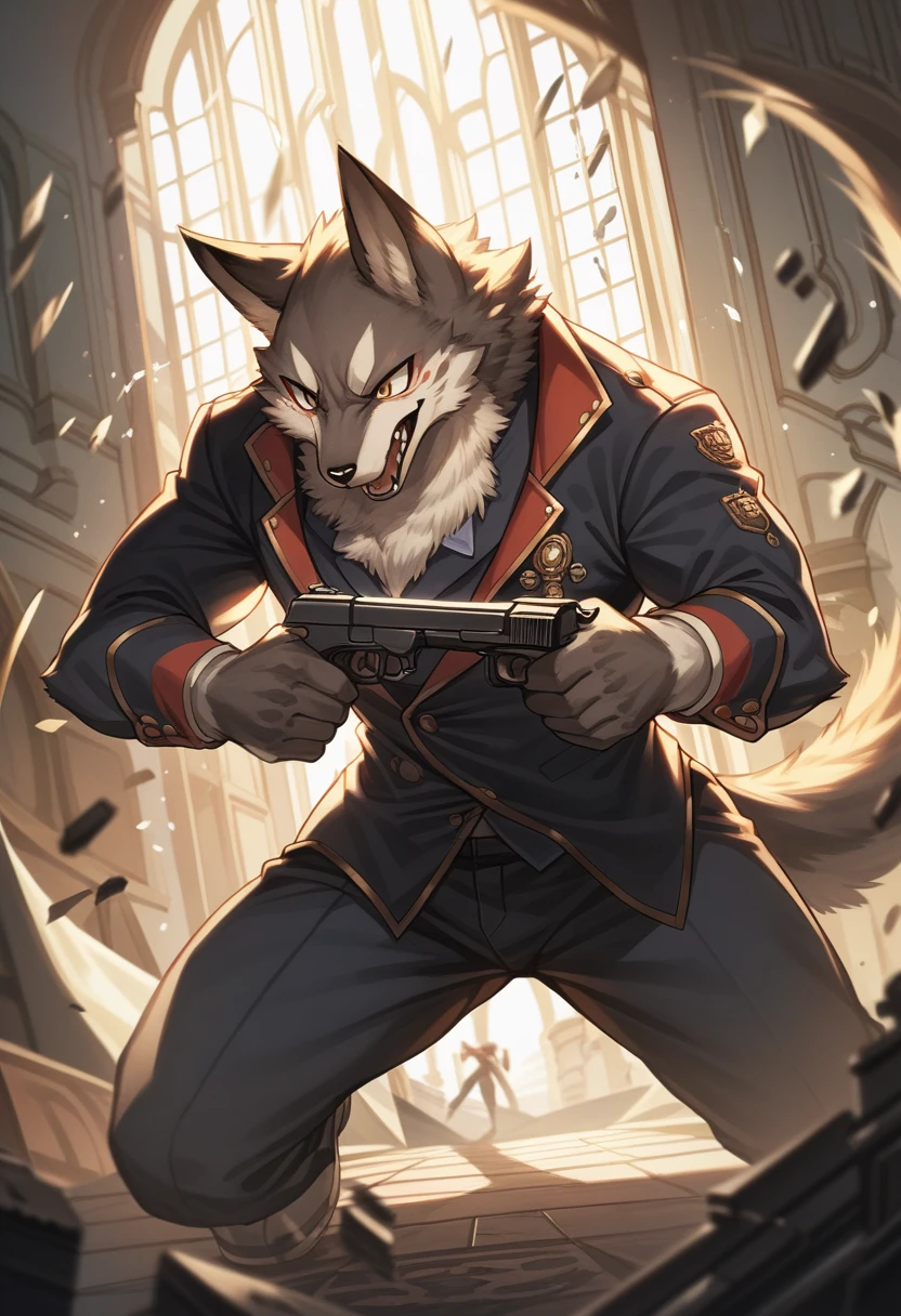 dynamic angle, top quality, best quality, High-quality illustrations, masterpiece, super high resolution, detailed background, detailed background, biohazard, Dim hotel hallway, gun fight, game package, absurdres(highly detailed beautiful face and eyes)perfect anatomy, expression, good lighting, cinematic shadow(kemono, furry anthro),