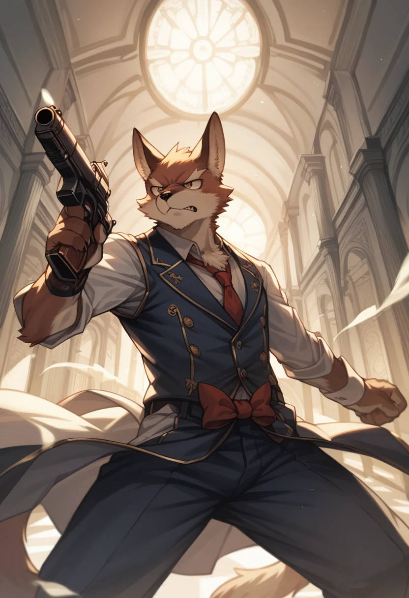 dynamic angle, top quality, best quality, High-quality illustrations, masterpiece, super high resolution, detailed background, detailed background, biohazard, Dim hotel hallway, gun fight, game package, absurdres(highly detailed beautiful face and eyes)perfect anatomy, expression, good lighting, cinematic shadow(kemono, furry anthro),