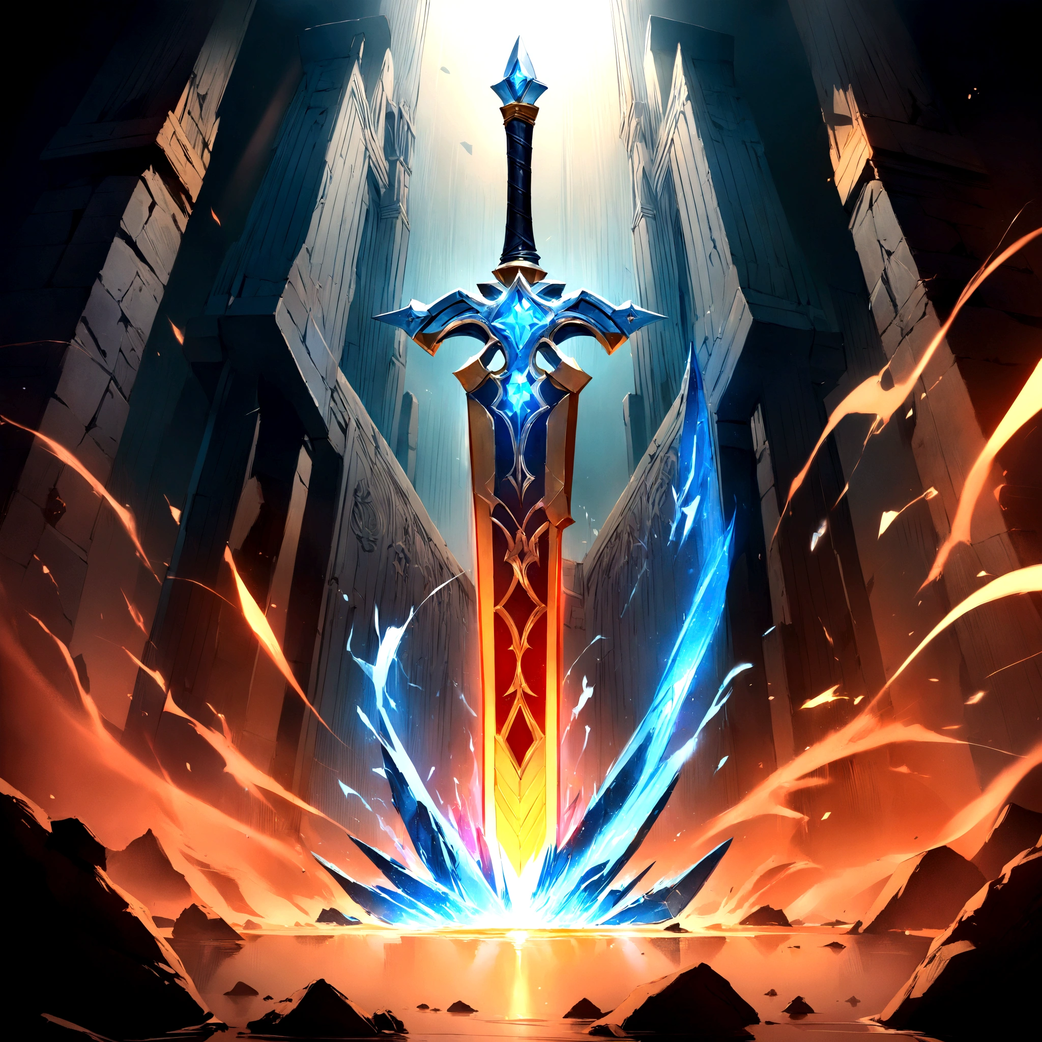 (best quality,4k,8k,highres,masterpiece:1.2),ultra-detailed,realistic,mastersword,legendary weapon,precise craftsmanship,detailed hilt,sharp blade,properly proportioned,beautifully textured,mythical sword puiconic symbol,hero's weapon,forged by the gods,sword of destiny,enchanted blade,glowing blue aura,legendary battles,ultimate power weapon,destined to defeat evil,classic video game weapon,masterful design,intricate engravings,powerful artifact,impeccable quality craftsmanship,striking and elegant,centerpiece of the artwork,shimmering with divine energy,sharp enough to cut through anything,radiating strength and power,fit for a true hero,artistic homage to the game,signature weapon of the hero,pristine metalwork,exquisite attention to detail,colorful gems embedded in the hilt,legendary legacy,unbreakable and indestructible:focus on the blade's reflections and highlights,create an atmosphere of reverence and awe,showcase the iconic sword in a dynamic pose and perspective,bring out the mythical essence and power of the Mastersword.