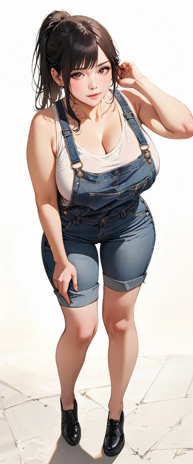 40 years old,1 mature woman,hyperrealistic, 8k, (extremely detailed 8k), (very delicate and beautiful), (masterpiece), (better quality:1.0), (ultra high resolution:1.0), (masterpiece, best quality),cute,black hair,big breasts,ponytail,POV,overalls,full body,white background,leaning forward,