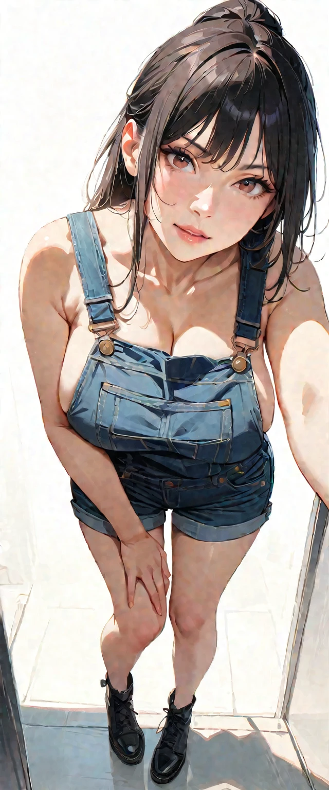 40 years old,1 mature woman,hyperrealistic, 8k, (extremely detailed 8k), (very delicate and beautiful), (masterpiece), (better quality:1.0), (ultra high resolution:1.0), (masterpiece, best quality),cute,black hair,big breasts,ponytail,POV,overalls,full body,white background,leaning forward,